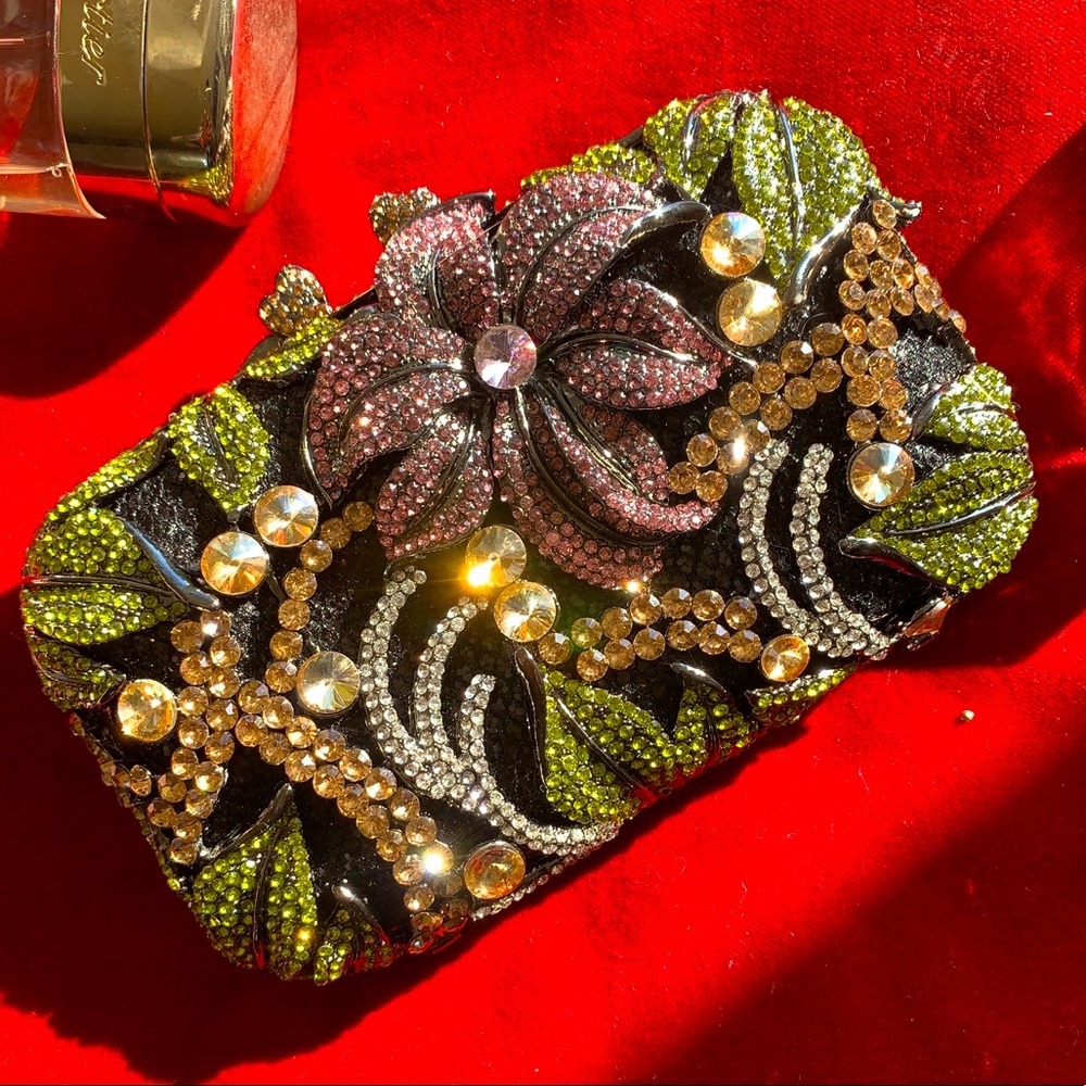 New Rhinestone Tropical Floral Minaudiére Clutch Evening Bag